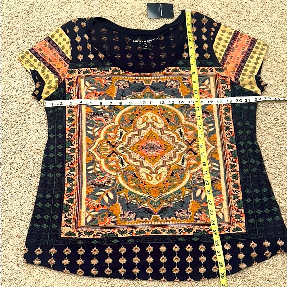 LUCKY🍀BRAND⭐️NWT Bohemian Graphic Blue & Orange Short Sleeve Top Size 1X - Picture 8 of 8